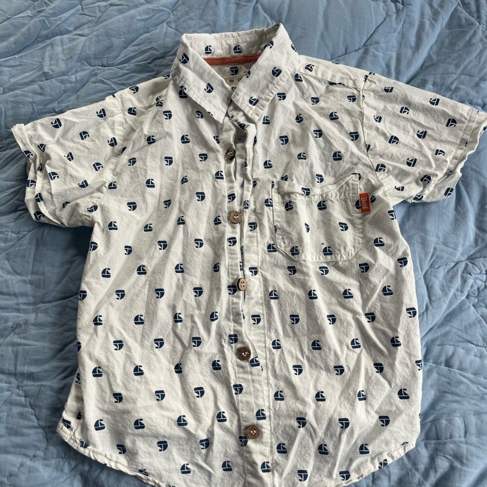 White Short Sleeve Organic Button Up with Boat Pattern